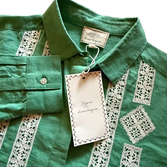 Sézane X Lucia Vergara Green Linen Embroidered Cottagecore Blouse Avant Garde - Picture 4 of 13